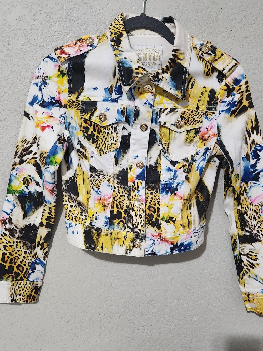 Cropped Mixed-Print Denim Jacket - Yellow/White
